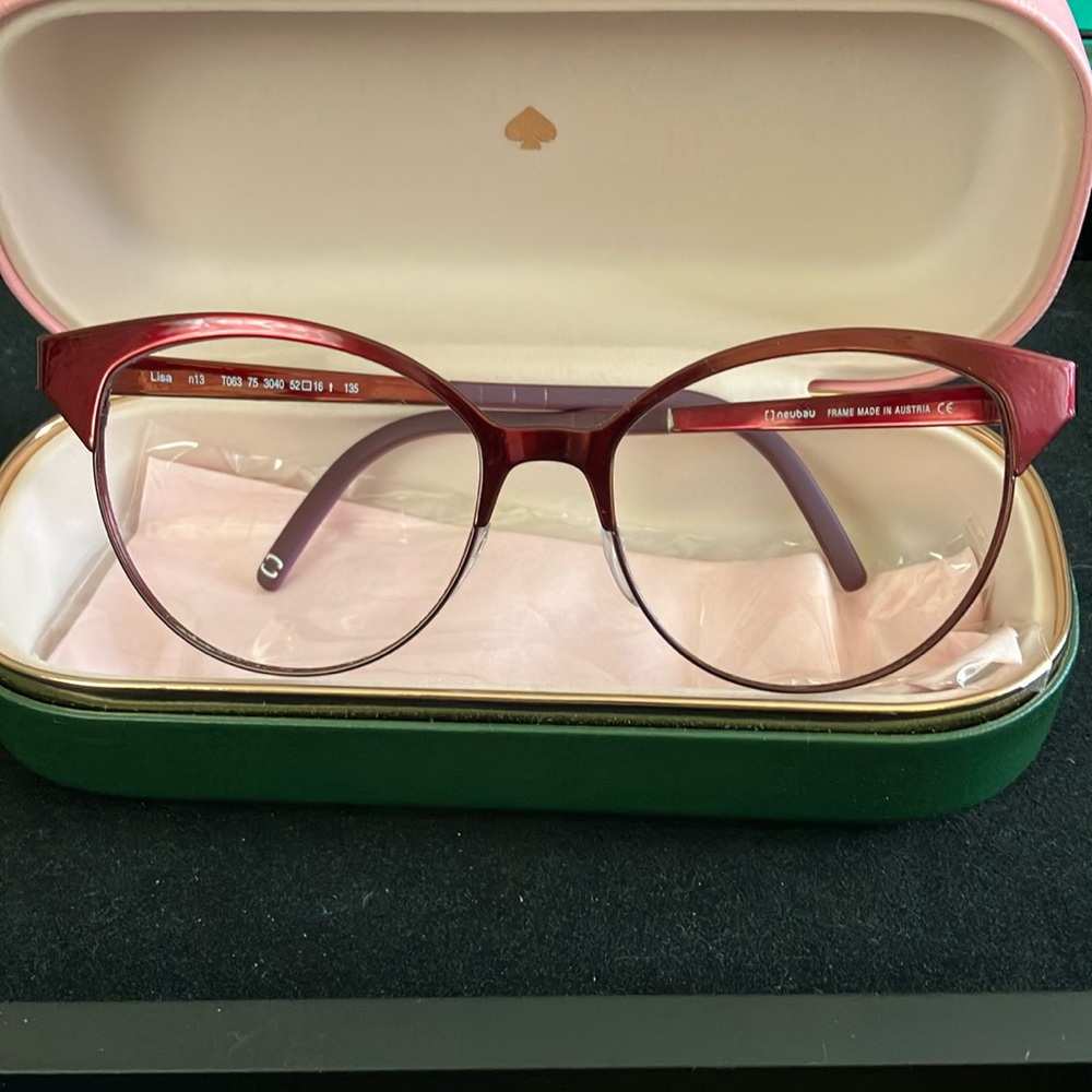 Neubau Ruby Red Cat-Eye Glasses frame and in a Kate spade case. No lenses.